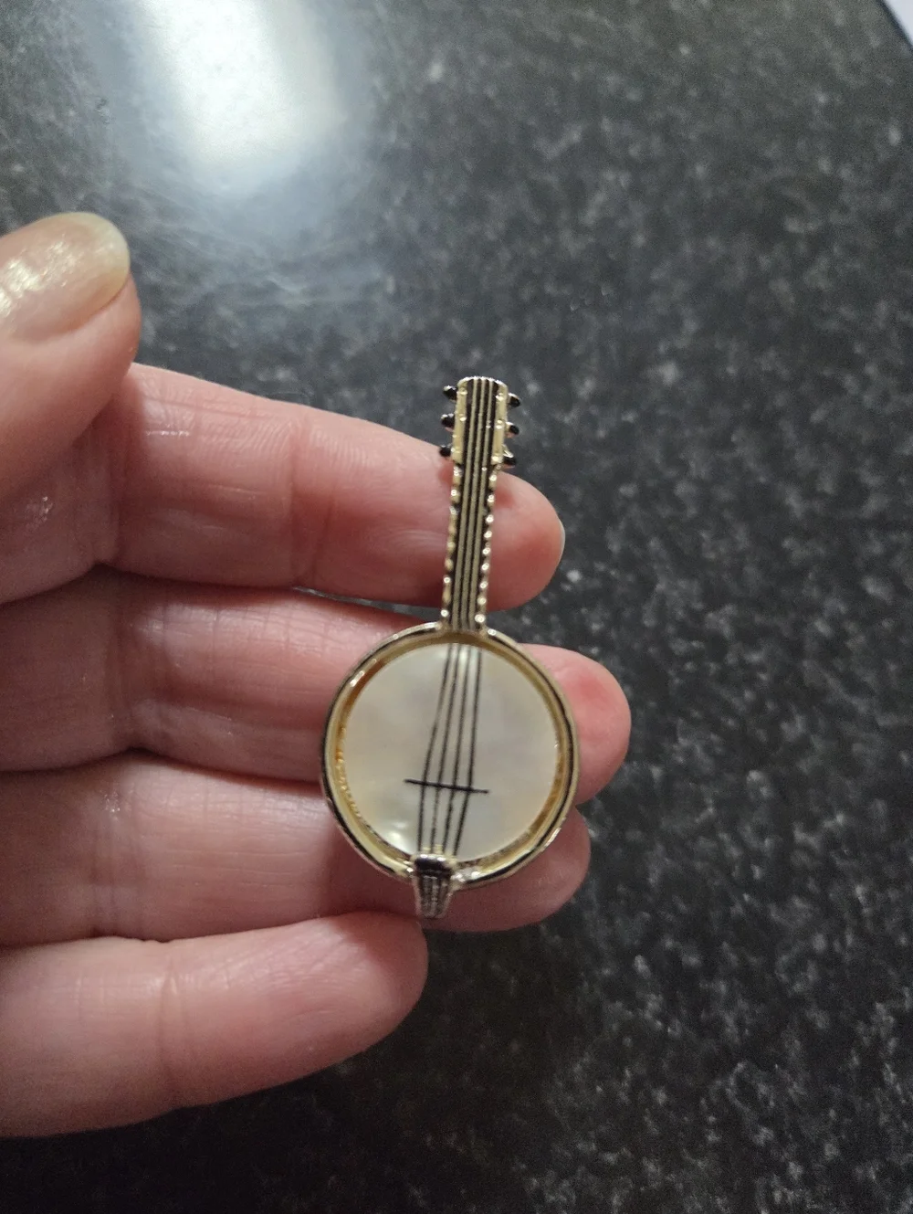 Vintage Banjo Brooch Gold Tone Mother of Pearl Music Pin